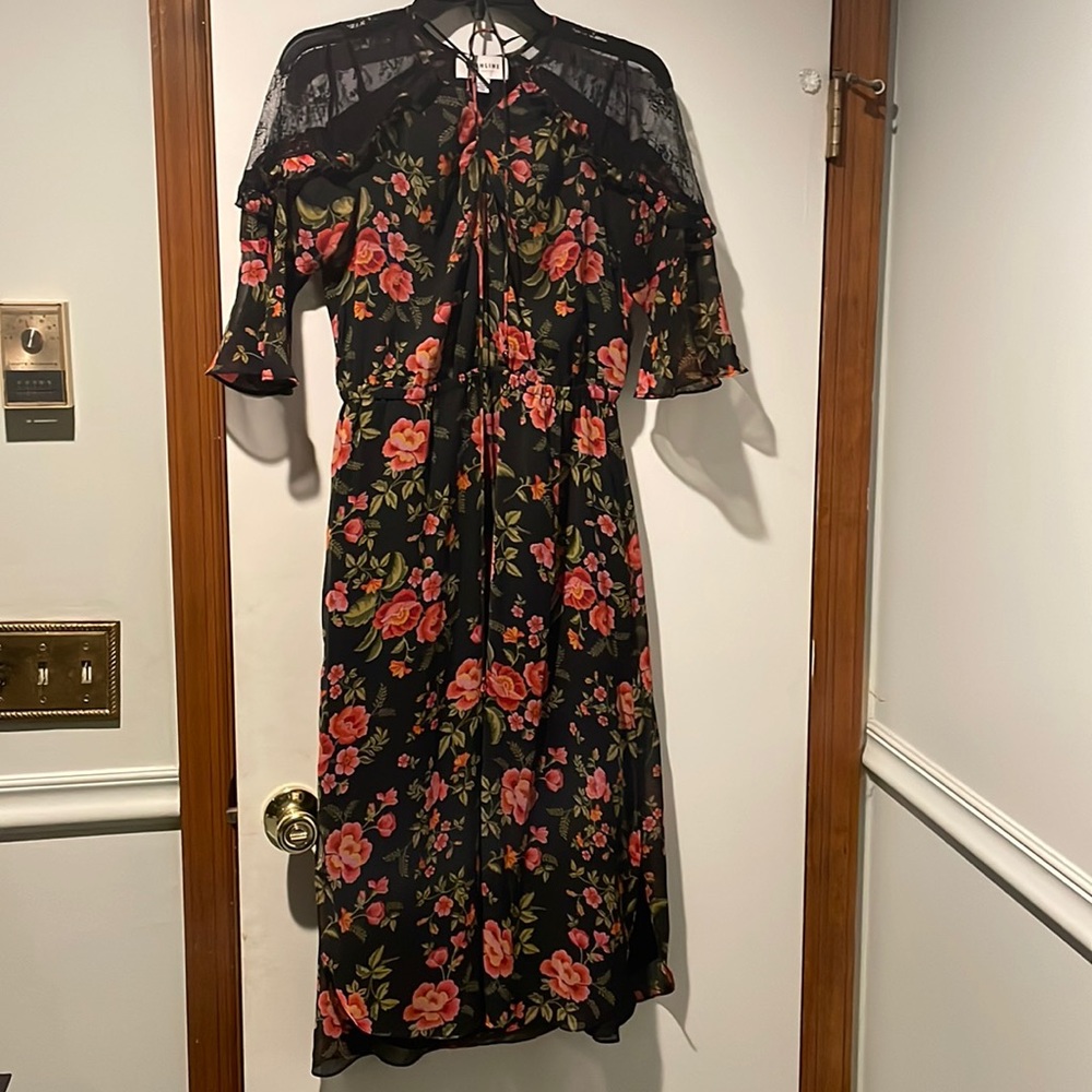 Romantic black floral and lace midi dress